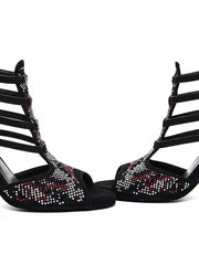Carica immagine nella Galleria, Viper Red (460PW) - Sandalo da Donna in Camoscio Nero Livrea in Borchiette Rosse e Bianche e tacco a spillo Rivestito Camoscio Nero Wish Dance Shop