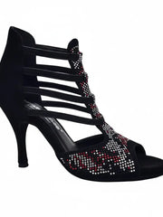 Carica immagine nella Galleria, Viper Red (460PW) - Sandalo da Donna in Camoscio Nero Livrea in Borchiette Rosse e Bianche e tacco a spillo Rivestito Camoscio Nero Wish Dance Shop