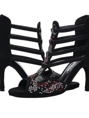 Carica immagine nella Galleria, Viper Red (460PW) - Sandalo da Donna in Camoscio Nero Livrea in Borchiette Rosse e Bianche e tacco a spillo Rivestito Camoscio Nero Wish Dance Shop