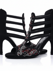 Load image into Gallery viewer, Viper Red (460PW) - Woman's Sandal in Black Suede Livery in Red and White Studs and Stiletto Heel Covered in Black Suede