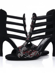 Carica immagine nella Galleria, Viper Red (460PW) - Sandalo da Donna in Camoscio Nero Livrea in Borchiette Rosse e Bianche e tacco a spillo Rivestito Camoscio Nero Wish Dance Shop