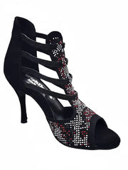 Carica immagine nella Galleria, Viper Red (460PW) - Sandalo da Donna in Camoscio Nero Livrea in Borchiette Rosse e Bianche e tacco a spillo Rivestito Camoscio Nero Wish Dance Shop