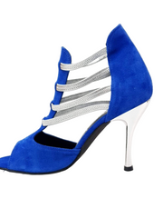 Carica immagine nella Galleria, Tatyana (460PW) - Sandalo da Donna in Camoscio Blu Royal con Elastici Argento e Tacco a spillo laminato Argento Wish Dance Shop