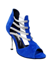 Carica immagine nella Galleria, Tatyana (460PW) - Sandalo da Donna in Camoscio Blu Royal con Elastici Argento e Tacco a spillo laminato Argento Wish Dance Shop