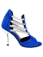 Carica immagine nella Galleria, Tatyana (460PW) - Sandalo da Donna in Camoscio Blu Royal con Elastici Argento e Tacco a spillo laminato Argento Wish Dance Shop