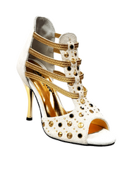 Load image into Gallery viewer, Swann Elizabeth (460PW) - Women's Sandal in Ice Suede with Gold Studs and Black Swarovski Enclosed Gold Elastics and Gold Laminated Stiletto Heel