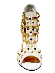 Load image into Gallery viewer, Swann Elizabeth (460PW) - Women's Sandal in Ice Suede with Gold Studs and Black Swarovski Enclosed Gold Elastics and Gold Laminated Stiletto Heel