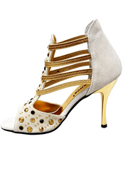 Load image into Gallery viewer, Swann Elizabeth (460PW) - Women's Sandal in Ice Suede with Gold Studs and Black Swarovski Enclosed Gold Elastics and Gold Laminated Stiletto Heel