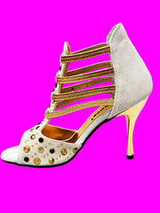 Load image into Gallery viewer, Swann Elizabeth (460PW) - Women's Sandal in Ice Suede with Gold Studs and Black Swarovski Enclosed Gold Elastics and Gold Laminated Stiletto Heel