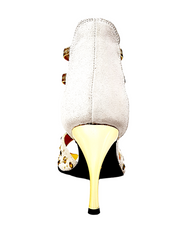 Load image into Gallery viewer, Swann Elizabeth (460PW) - Women's Sandal in Ice Suede with Gold Studs and Black Swarovski Enclosed Gold Elastics and Gold Laminated Stiletto Heel