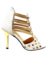 Load image into Gallery viewer, Swann Elizabeth (460PW) - Women's Sandal in Ice Suede with Gold Studs and Black Swarovski Enclosed Gold Elastics and Gold Laminated Stiletto Heel