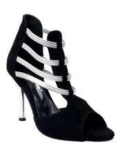 Carica immagine nella Galleria, Tatyana (460PW) - Sandalo da Donna in Camoscio Nero con Elastici Argento e Tacco a spillo laminato Argento Wish Dance Shop