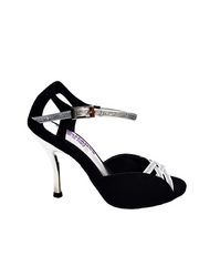 Load image into Gallery viewer, Scarlett (691) - Woman's Sandal in Black Suede with Silver Glitter Straps and Silver Laminated Stiletto Heel