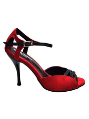 Carica immagine nella Galleria, Morgane Scarlett (691) - Sandalo da Donna in Camoscio Rosso con Fascette in Glitter Nero e Tacco a Spillo Smaltato Nero Wish Dance Shop