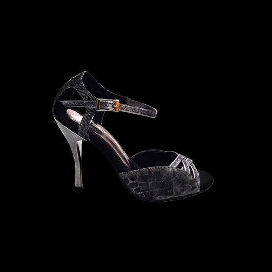 Sandalo donna Morgane Scarlett in Sunset Carbon con fascette glitter e tacco spillo laminato, scarpa Wish Dance Shop