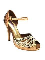 Carica immagine nella Galleria, Alexa (LP4) - Scarpa da Ballo in Raso Carne Flesh Con Swarovski Champagne e Neri con Tacco Alto Spillo Largo e Platò Confort Flex Wish Dance Shop