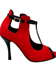 Carica immagine nella Galleria, Jenny Red (18/06) - Scarpa in camoscio rosso con dettagli e cinturini in vernice nera Wish Dance Shop