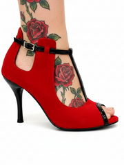 Carica immagine nella Galleria, Jenny Red (18/06) - Scarpa in camoscio rosso con dettagli e cinturini in vernice nera Wish Dance Shop