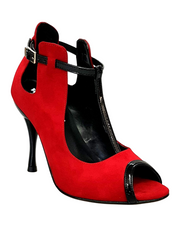 Carica immagine nella Galleria, Jenny Red (18/06) - Scarpa in camoscio rosso con dettagli e cinturini in vernice nera Wish Dance Shop