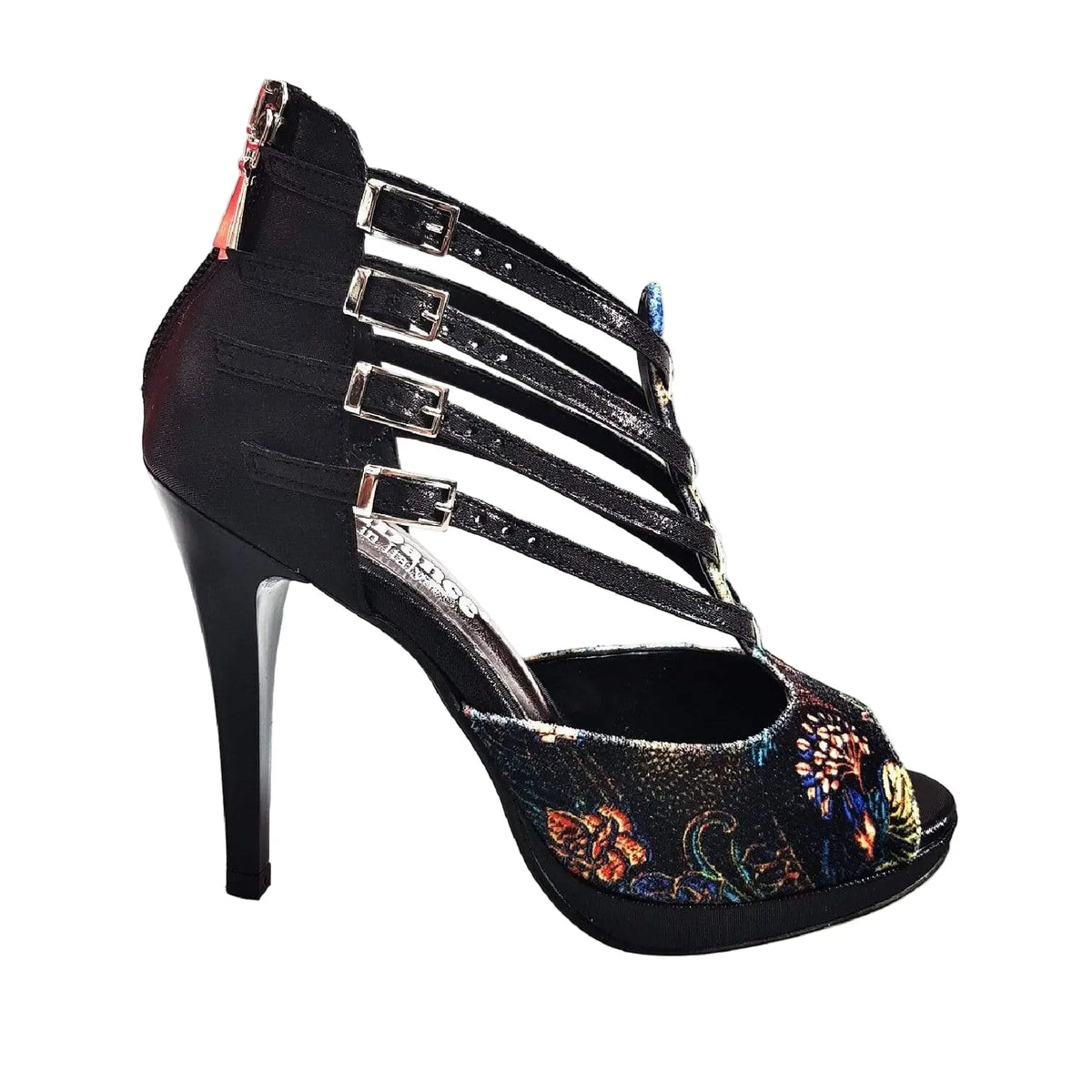 Sandalo donna Wish Dance Shop Lussuria in velluto nero e lurex con plateau e tacco a spillo, dettagli eleganti e raffinati