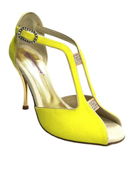 Carica immagine nella Galleria, Fascino (401) - Sandalo da Donna in Camoscio Giallo Lemon Profili Oro Tacco Laminato Oro Wishdance