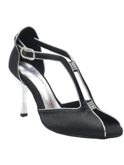Carica immagine nella Galleria, ELIDE (401) - Scarpa da Donna in Raso Seta Nero con Profili Argento Tacco a Stiletto Laminato Argento Wishdance