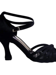 Carica immagine nella Galleria, Pepa (210/6) - Scarpa da Ballo Basica da donna in Raso Nero con 6 Fascette rivestite in Camoscio e tacco a Rocchetto Wishdance