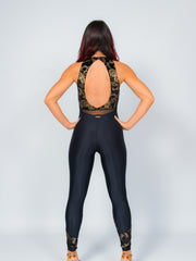 Carica immagine nella Galleria, VEGA Venice (Gold) - Jumpsuit Ciniglia Bielastica Nera Disegno Glitterato Oro Sopra e Microfibra Traspirante Nera Bielastica Modellante Contenitiva Containment sotto