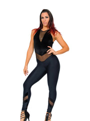 Carica immagine nella Galleria, VEGA Venice (Black) - Jumpsuit Ciniglia Bielastica Nera Sopra e Microfibra Traspirante Nera Bielastica Modellante Contenitiva Containment sotto