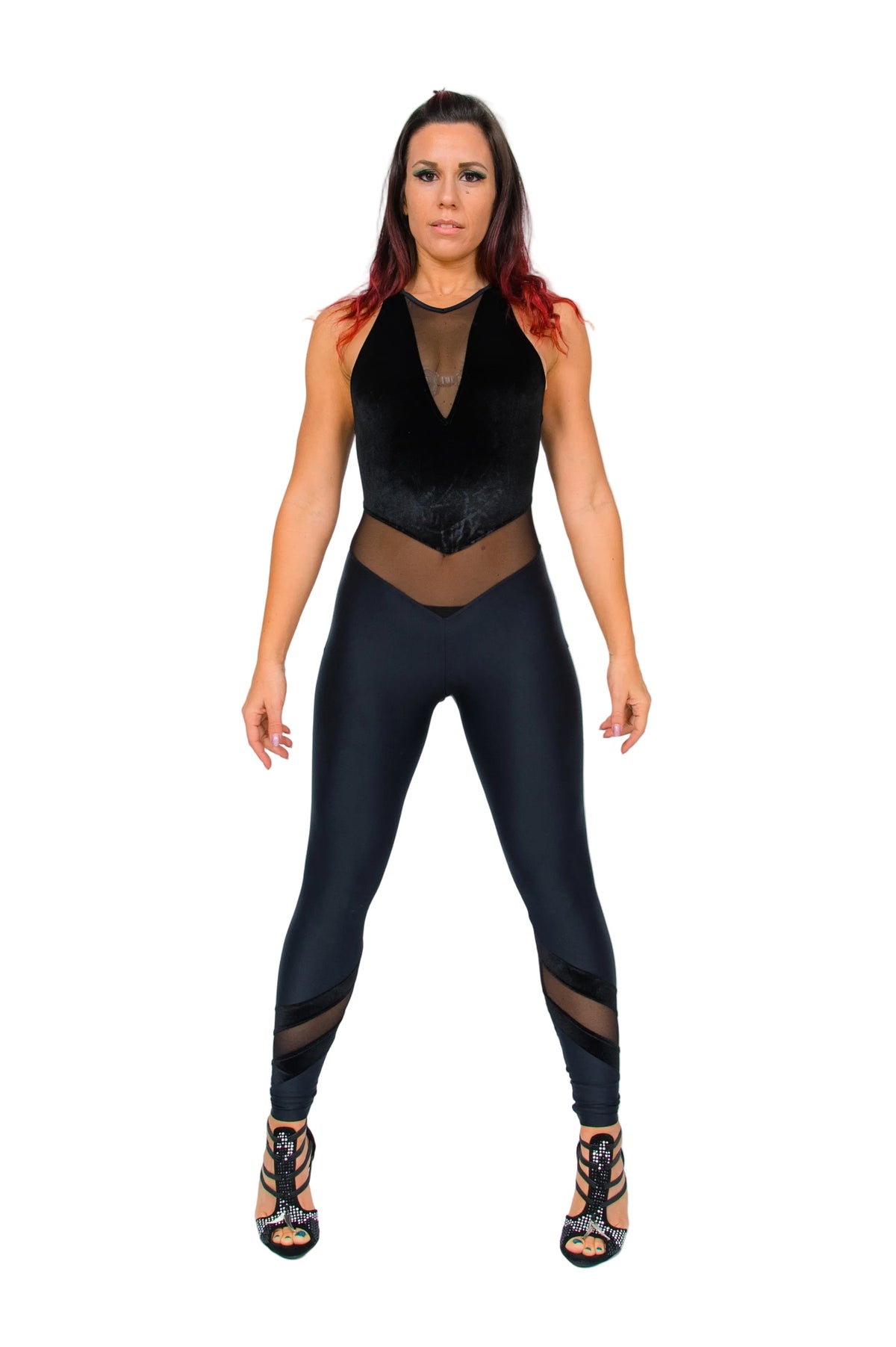 Jumpsuit Ciniglia Bielastica Nera Sopra e Microfibra Traspirante Nera Bielastica Modellante Contenitiva, vista laterale
