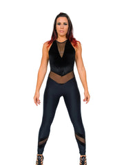 Carica immagine nella Galleria, VEGA Venice (Black) - Jumpsuit Ciniglia Bielastica Nera Sopra e Microfibra Traspirante Nera Bielastica Modellante Contenitiva Containment sotto