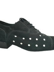 Load image into Gallery viewer, Scarpa uomo Vasco Movida by WISH DANCE in camoscio nero con pois bianchi, elegante e stilosa in primo piano.