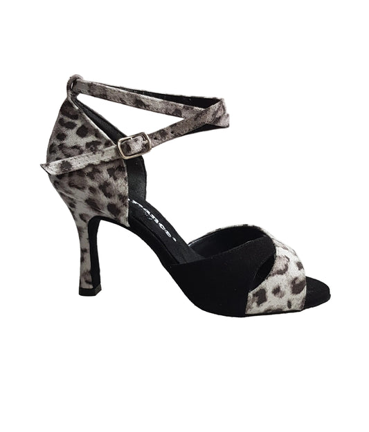 Sandalo donna Wish Dance Shop Elison QB 32QB NA in tessuto maculato grigio e camoscio nero, dettaglio del design elegante