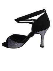 Cargar imagen en la Galería, Sandalo donna Wendi/BO-N in camoscio nero e glitter grigio carbonio, scarpa elegante Wish Dance Shop, dettaglio della tomaia