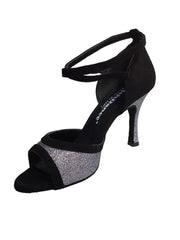 Cargar imagen en la Galería, Sandalo donna Wendi/BO-N Wish Dance Shop in camoscio nero e glitter grigio carbonio, con cinturino e suola in gomma.
