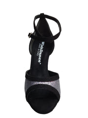 Cargar imagen en la Galería, Sandalo da donna Wendi/BO-N Wish Dance Shop in camoscio nero e glitter grigio carbonio, con cinturino e suola piatta.
