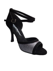 Cargar imagen en la Galería, Sandalo donna Wendi/BO-N Wish Dance Shop in camoscio nero e glitter grigio carbonio, con cinturino e suola piatta.