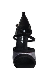 Cargar imagen en la Galería, Sandalo donna Wendi/BO-N Wish Dance Shop in camoscio nero e glitter grigio carbonio, con cinturino e tacco basso.