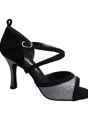 Cargar imagen en la Galería, Sandalo donna Wendi/BO-N in camoscio nero e glitter grigio carbonio, modello del 2016, di Wish Dance Shop.