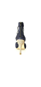 Sandalo da Donna in Camoscio Blu con elastici e Tacco Multicolor a Spillo