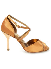 Carica immagine nella Galleria, Rosalinda QC (660A) - Raso Seta Bronzo e Glitter Bronzo Tacco a Rocchettino Stiletto Squadrato Sottile Laminato Oro Ramato Wish Dance Shop