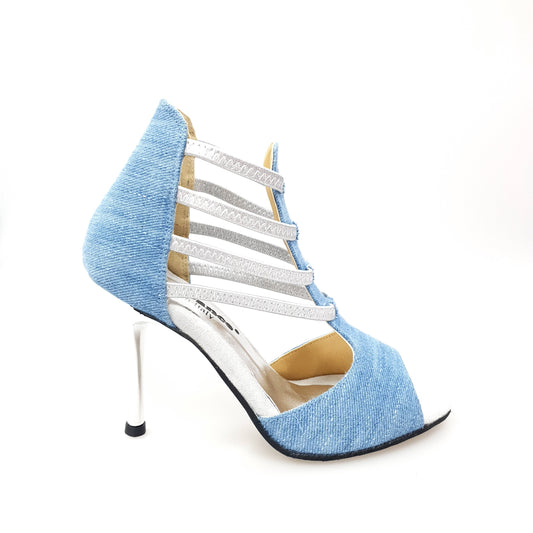 Sandalo donna Wish Dance Shop Stone Wash 460PW in tessuto jeans chiaro con elastici argento e tacco a spillo laminato argento