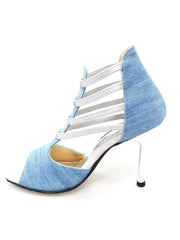 Carica immagine nella Galleria, Stone Wash (460PW) - Sandalo da Donna in Tessuto Jeans Chiaro con Elastici Argento e tacco a spillo laminato Argento