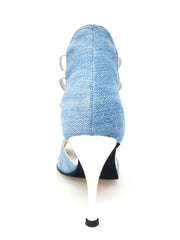 Carica immagine nella Galleria, Stone Wash (460PW) - Sandalo da Donna in Tessuto Jeans Chiaro con Elastici Argento e tacco a spillo laminato Argento