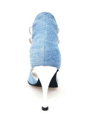 Carica immagine nella Galleria, Stone Wash (460PW) - Sandalo da Donna in Tessuto Jeans Chiaro con Elastici Argento e tacco a spillo laminato Argento Wish Dance Shop
