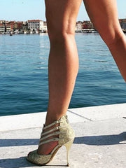 Load image into Gallery viewer, Lussuria (779) - Woman's Shoe in Gold Lace with Platform and Stiletto Heel and Plateau