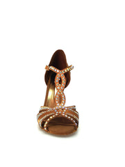 Carica immagine nella Galleria, CAMILA Superb (accollata) L13 - Scarpa da Ballo in Raso Seta Bronzo con Swarovski Boreali e Tacco a Spillo Laminato Oro Ramato Wish Dance Shop