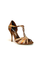 Carica immagine nella Galleria, CAMILA Superb (accollata) L13 - Scarpa da Ballo in Raso Seta Bronzo con Swarovski Boreali e Tacco a Spillo Laminato Oro Ramato Wish Dance Shop