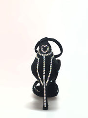 Carica immagine nella Galleria, LUENIA QB Plus (45QB) - Scarpa da Ballo da Donna in Raso Seta Nero con 5 strisce Senza Rete cinturino incrociato alla caviglia e Swarovski Disegno Fantasy Tacco a Rocchettino