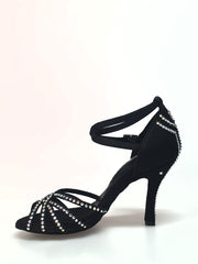 Carica immagine nella Galleria, LUENIA QB Plus (45QB) - Scarpa da Ballo da Donna in Raso Seta Nero con 5 strisce Senza Rete cinturino incrociato alla caviglia e Swarovski Disegno Fantasy Tacco a Rocchettino